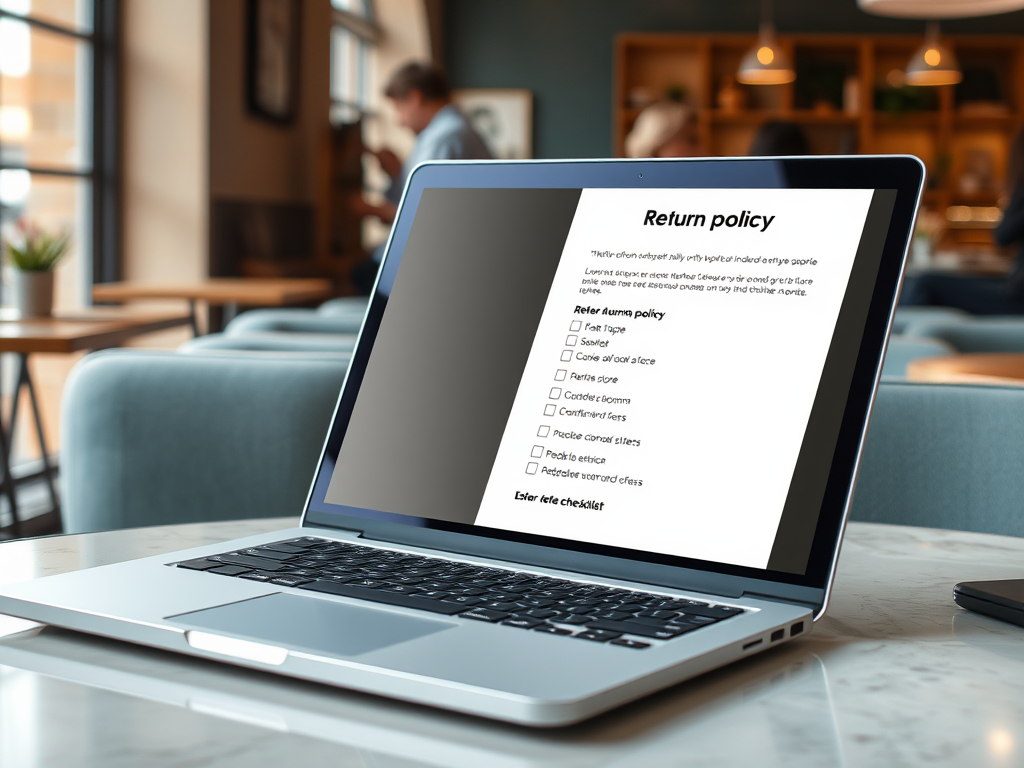 На экране ноутбука отображается политика возврата товаров в кафе. Многочисленные пункты для выбора.